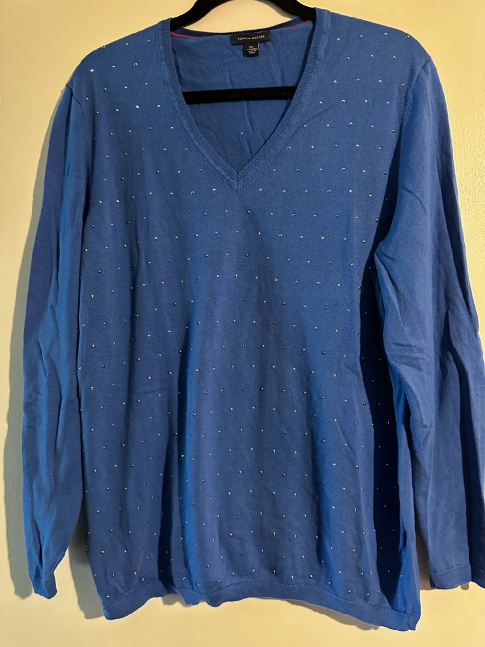 Tommy Hilfiger Women's Blue V-Neck Sweater with Stud Detailing XXL